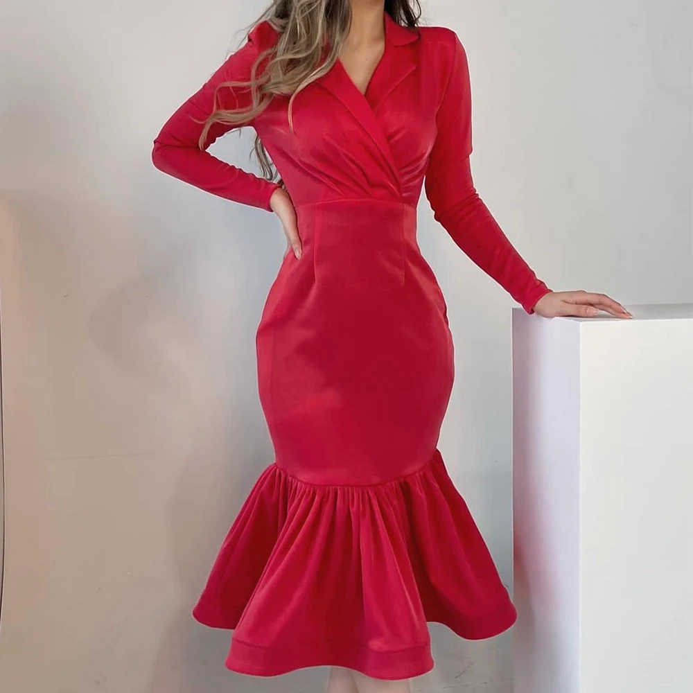 

Customized Temperament Off The Shoulder Satin Evening Dresses Formal Straight Tea Length V-Neck Long Sleeves Vestidos De Fiesta