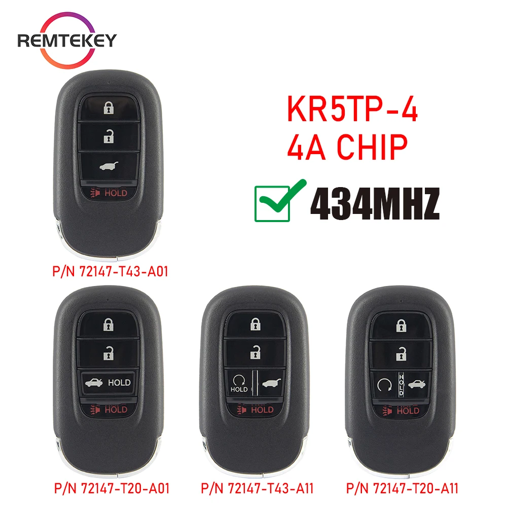 

REMTEKEY FCC KR5TP-4 Smart Remote Control Car Key Fob 434 Mhz 4A Chip for Honda CR-V Civic Accord 2022 2023 4/5 Buttons