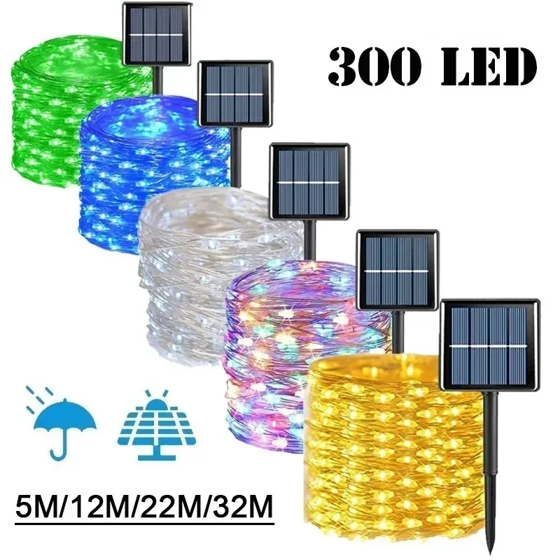 야외 태양 빛 문자열 5M/12M/22M/32M LED 원격 제어 정원 웨딩 야드 파티 크리스마스 장식 구리 와이어 조명