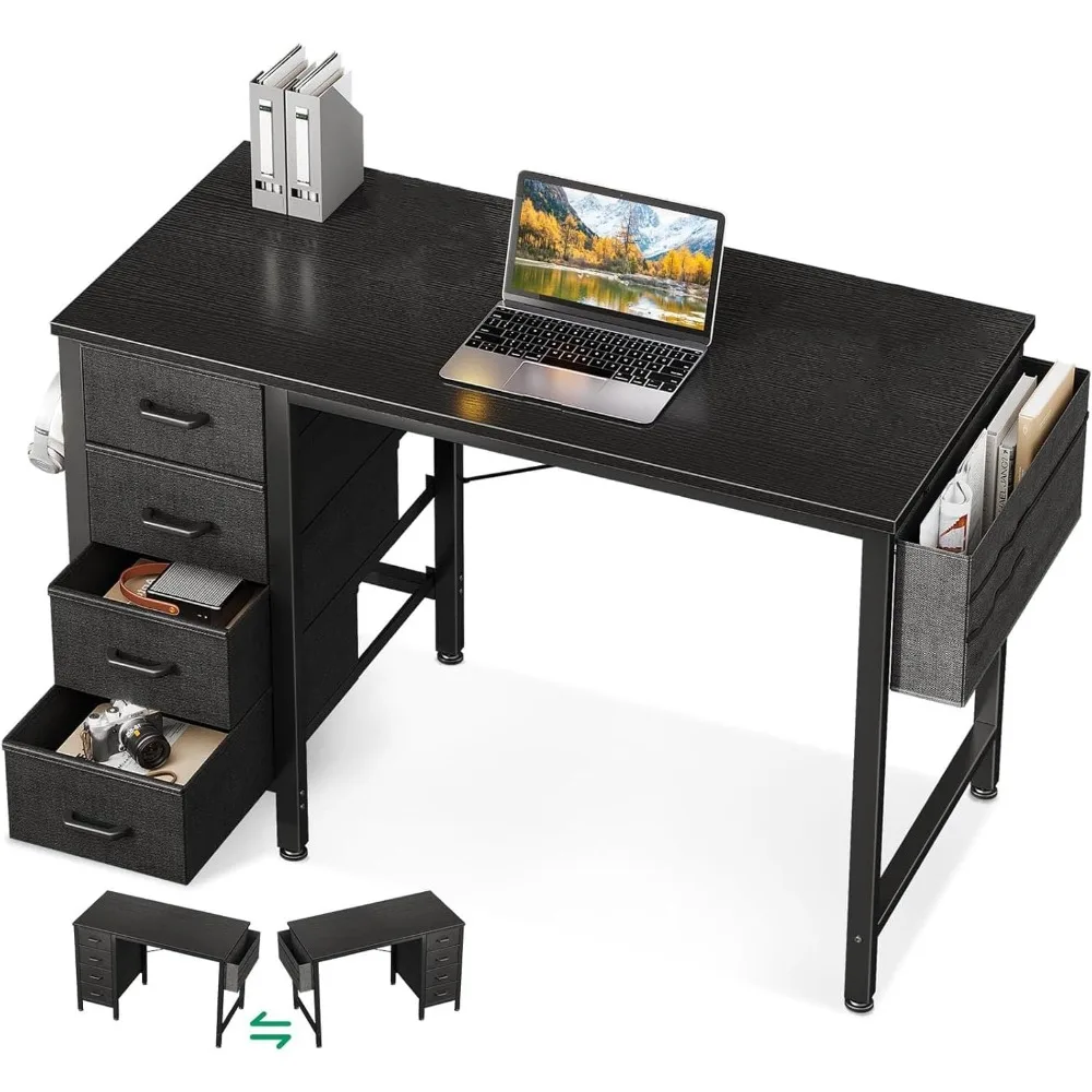 4つのファブリック引き出し、収納、サイドフック付きの32インチコンパクトコンピューターデスク、モダンスタイルのホームオフィスデスク