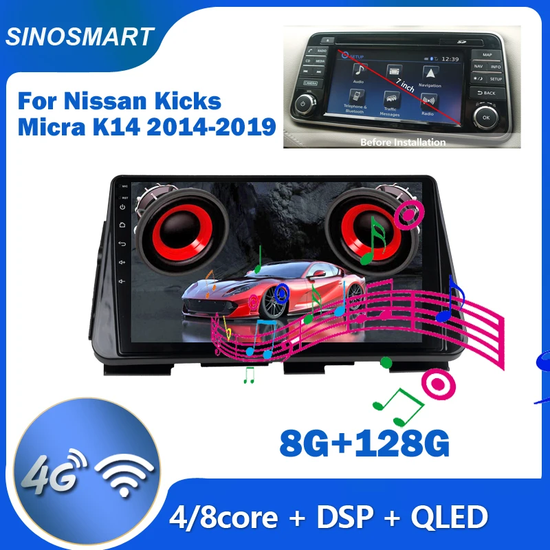 SINOSMART For Nissan Kicks Micra K14 2014-2019 Car GPS Navigation Multimedia Player QLED Built-in DSP Support Factory OEM BOSE