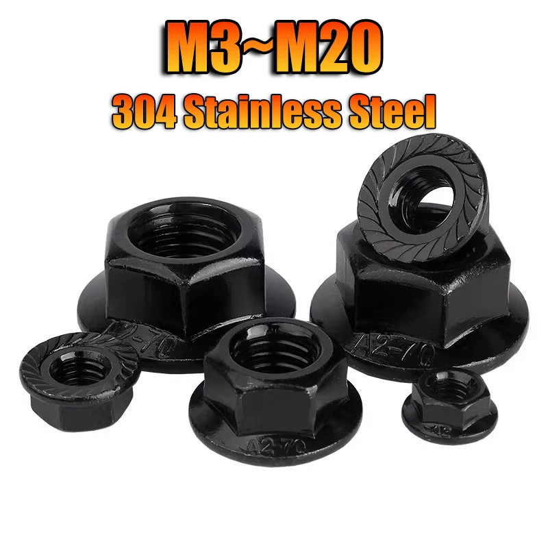 Hexagon Flange Nuts M3 M4 M5 M6 M8 M10 M12 M16 M20 Black 304 Stainless Steel Pinking Automatic Locking Nut Serrated Spinlock