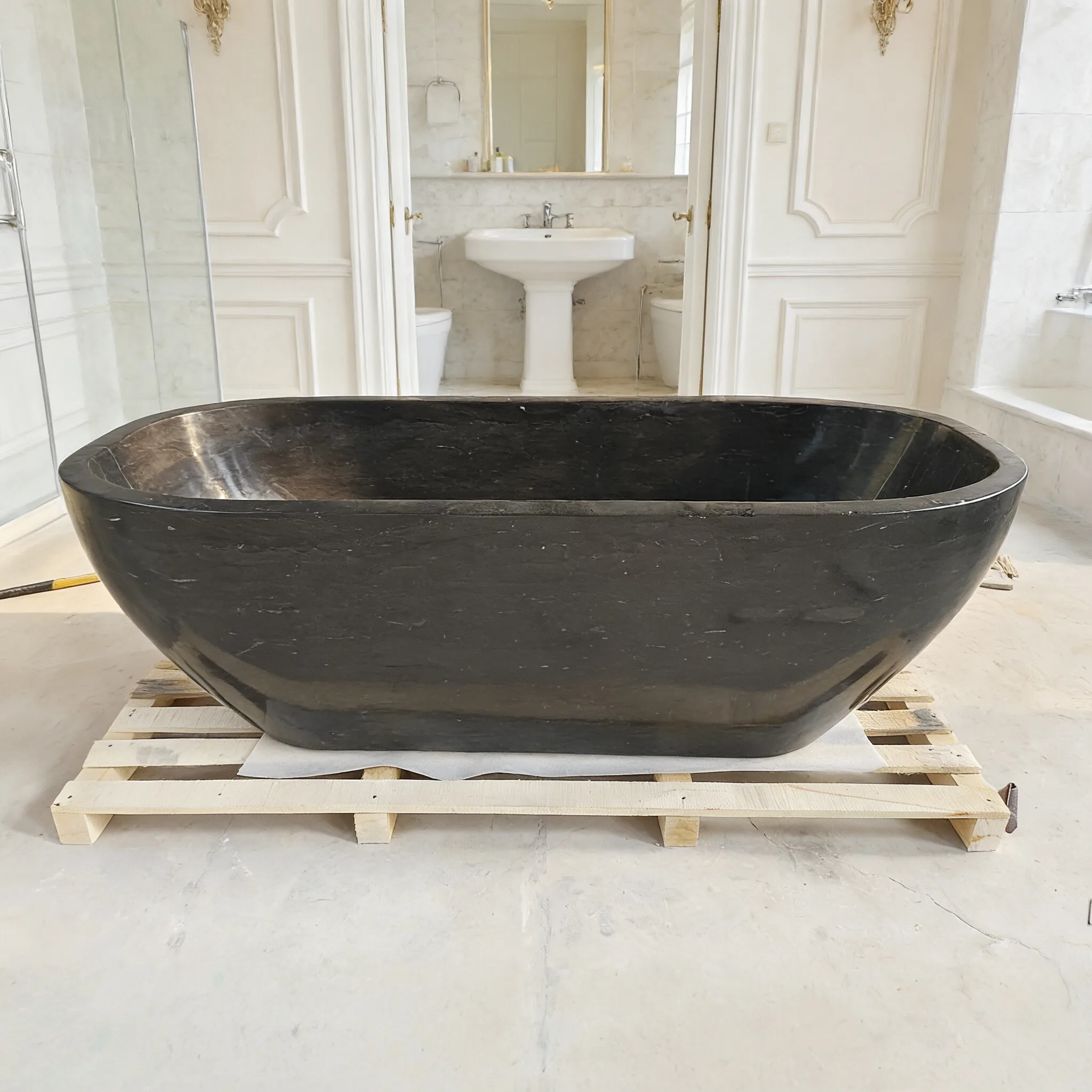 Toilet,Modern Black Marble Bathtub Handcrafted Oval Natural Villa Apartment Custom Freestanding Soaking Whirlpool