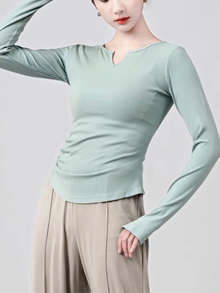 الصلبة اللون الخامس الرقبة طويلة الأكمام سليم صالح الأعلى Ruched غير النظامية هيم أداء الرقص الحديث ارتداء مرحلة الباليه ممارسة قميص