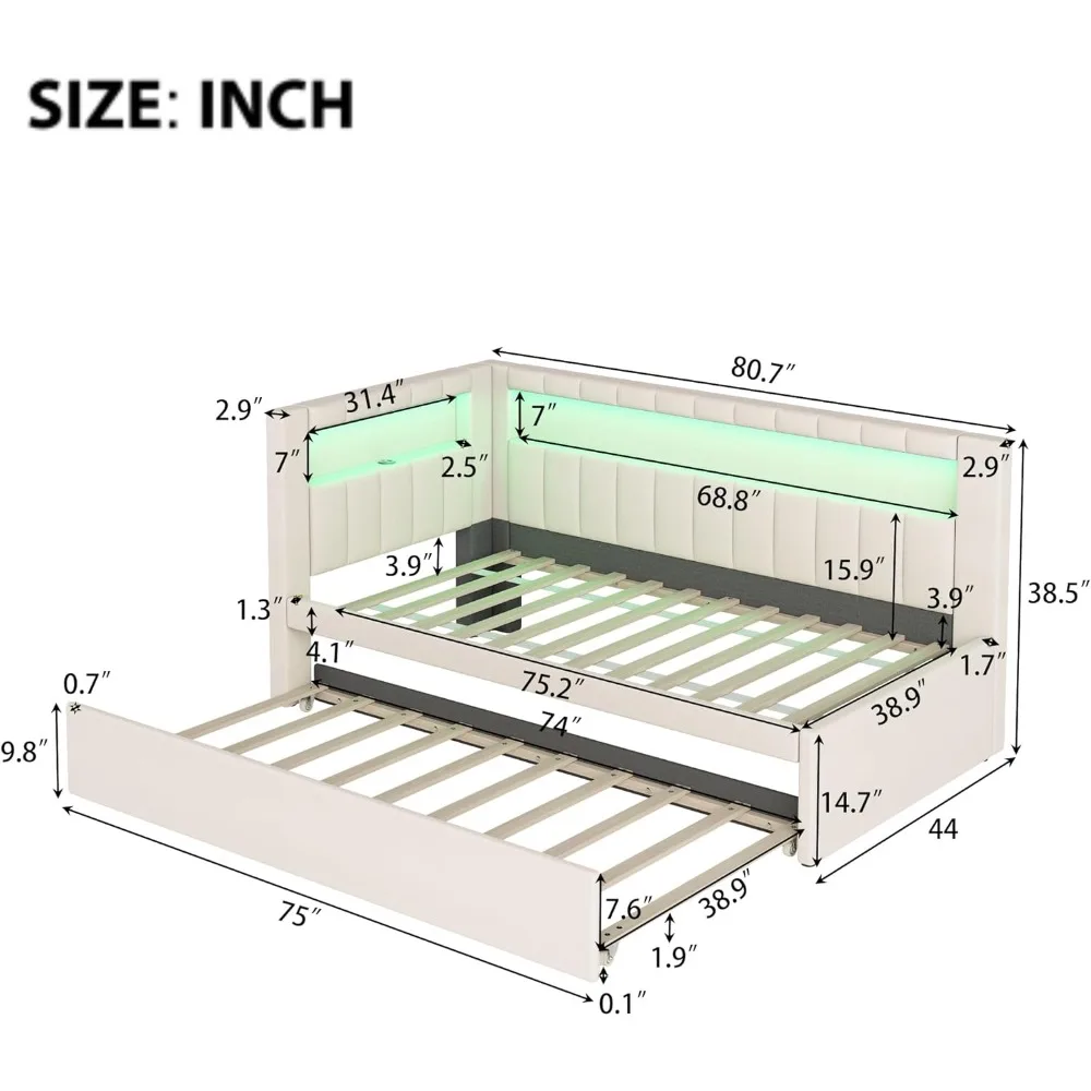 سرير زاوية ناعم منجد من الكتان مع أرفف تخزين وشحن وسرير نهاري مزدوج الحجم مع دولاب ولوح أمامي لرف الكتب على شكل حرف L