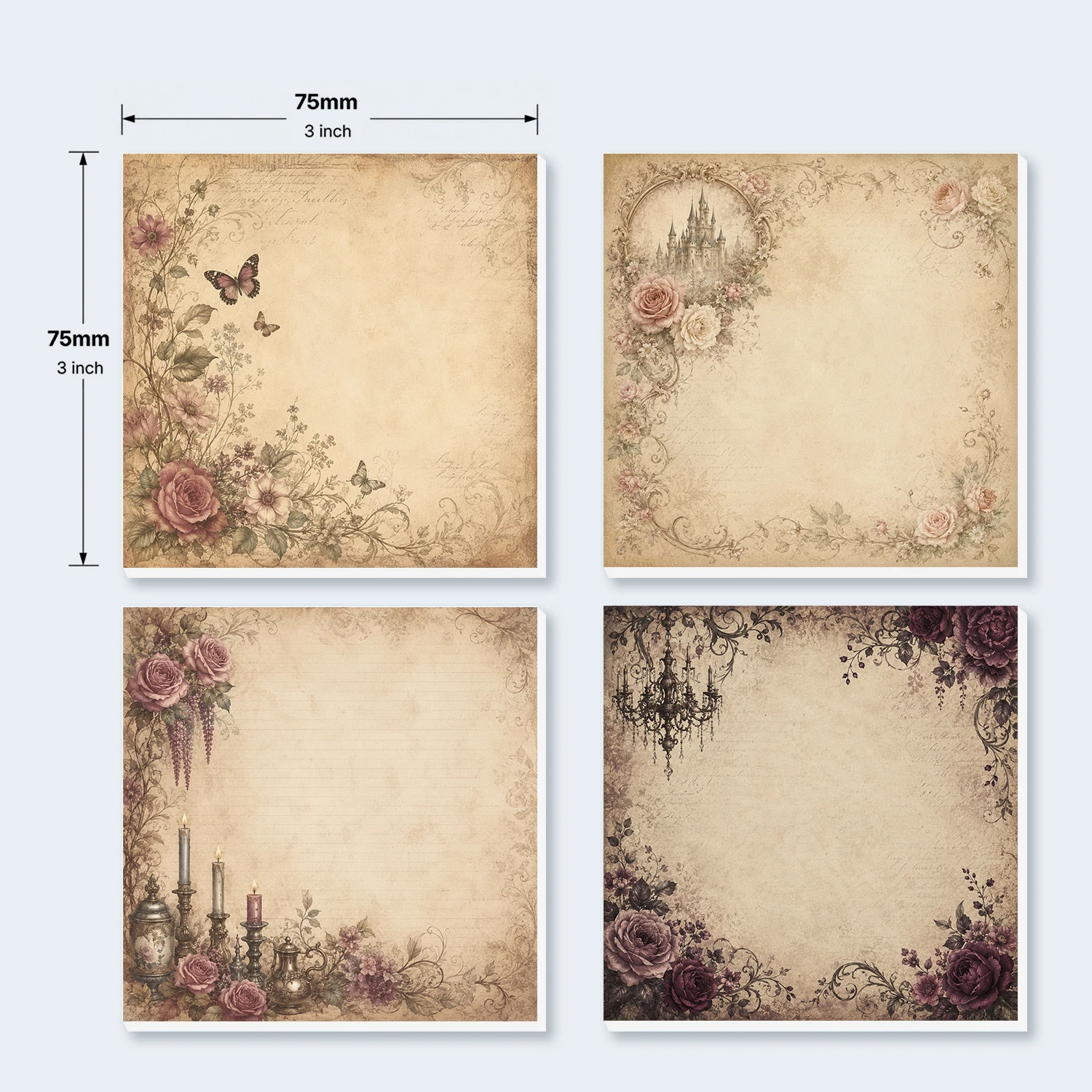 4PCS Antique Floral Self Adhesive Sticky Notes 200 Sheets Rose Butterfly Castle Candle Decorative Memo Pads Elegant Botanical Of