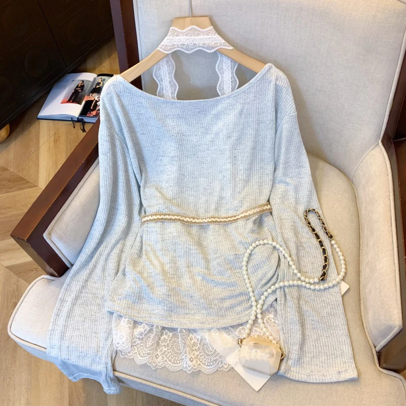 

Lace Patchwork Hanging Neck Fake Two-piece Knitted Shirt Spring Autumn Long Sleeved Fashionable Top 2025 New Women's Clothing