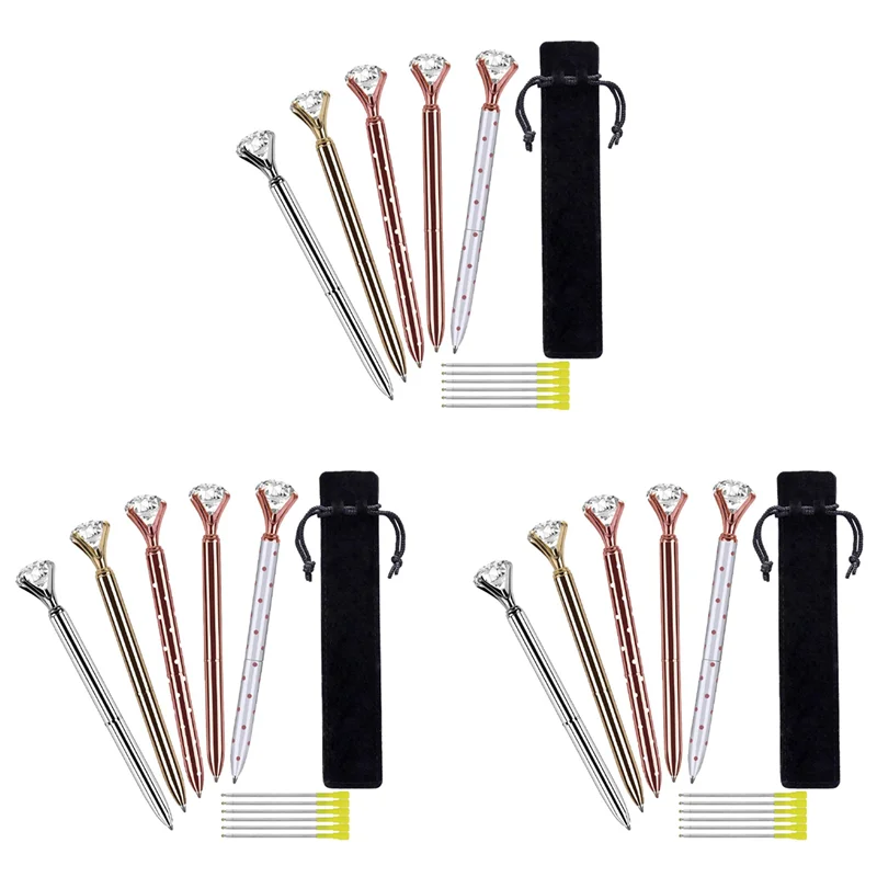 

0Z-15 Pcs Big Crystal Diamond Ballpoint Pen, With 15 Ballpoint Pen Refills, 3 Black Velvet Bag, Black Ink