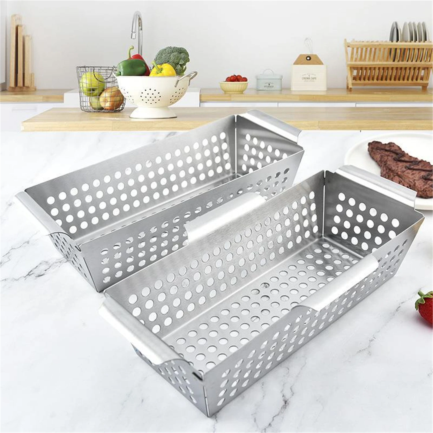 Vegetable Grill Basket Stainless Steel BBQ Leaky Frying Food Holding Pan Outdoor Barbecue Tools and Gadgets