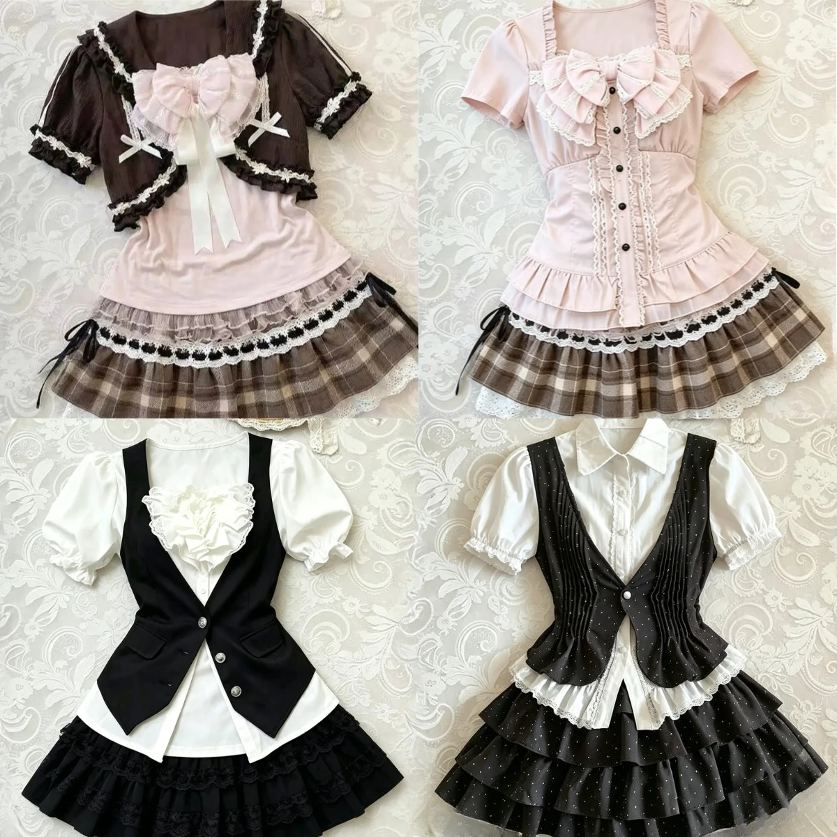 

Y2k Sweet Japanese Outfits Women's Clothes Fashion Vintage Lolita Ruffle Tops High Waist Skirt Suits Kawaii Casual 3 Piece Sets