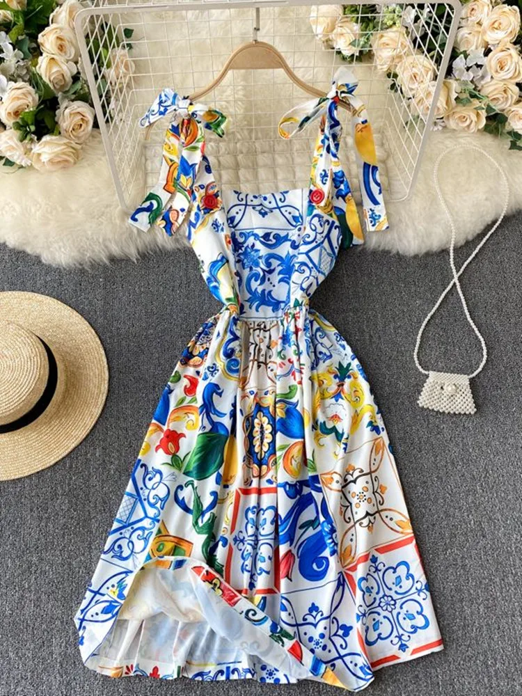 Fashion Runway Summer Dress New Women's Bow Spaghetti Strap Backless Blue and White Porcelain Floral Print Long Dress