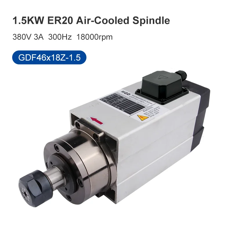 

Двигатель шпинделя с ЧПУ 1,5 кВт ER20 HQD Квадратный шпиндель с воздушным охлаждением 220 В 380 В Фрезерный шпиндель для фрезерного станка с ЧПУ Гравировка фрезерного станка по дереву