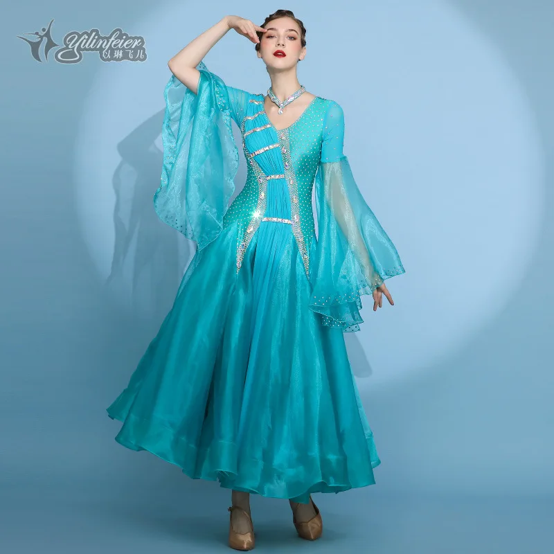 高品質の女性大人のロングダンスウェアヘビーインクピーコックブルー衣装カスタム社交ダンスドレス