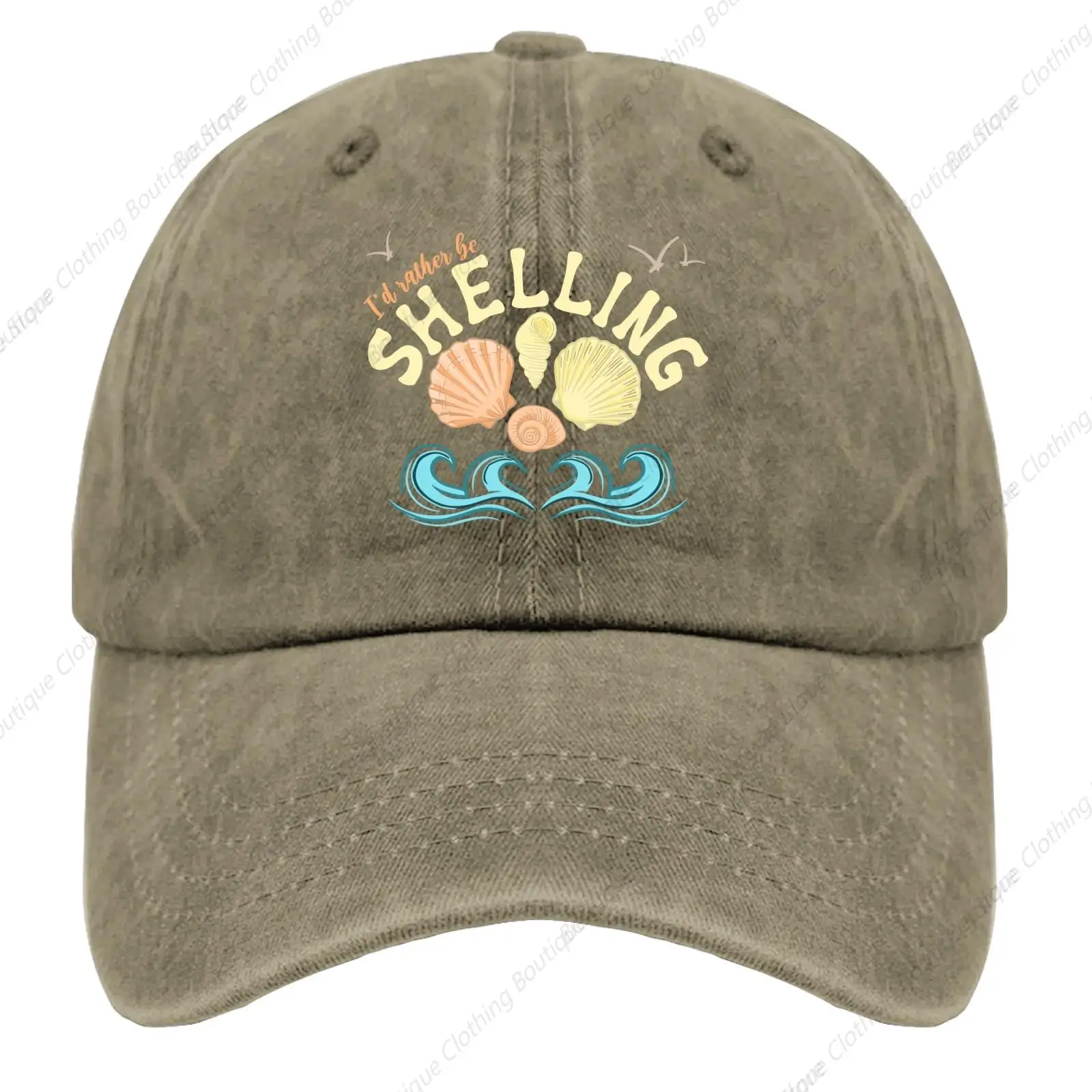 I'd Rather Be Shelling Seashells Beach Lovers Hats for Mens Baseball Cap Fashion Washed Running Hat Breathable, Pigment Khaki