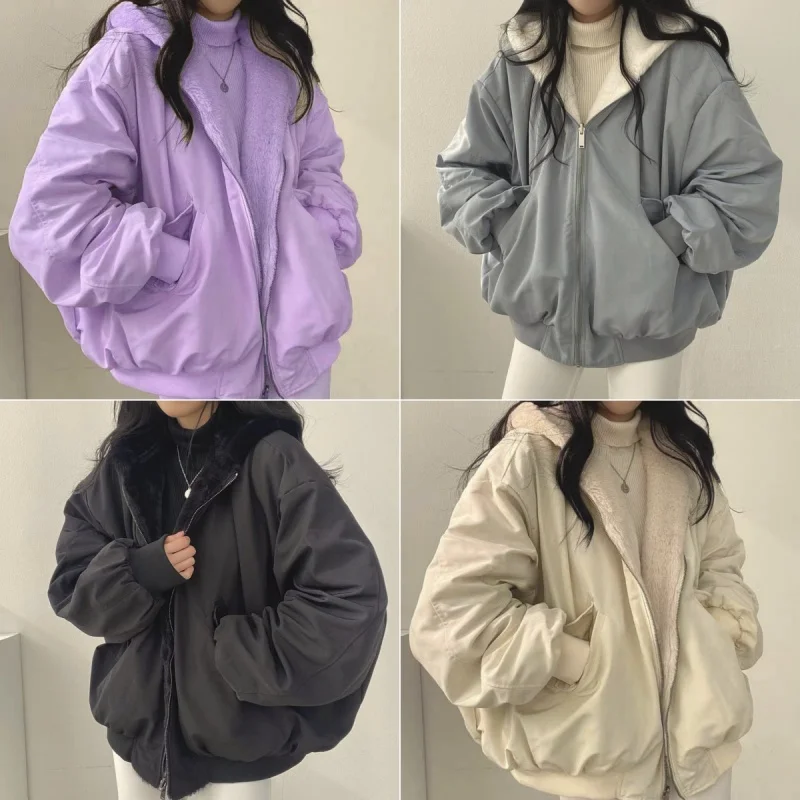 Winter Thicken Warm Parkas Women Oversized Kawaii Double Sided Hooded Coat Ladies Korean Fashion Casual Loose Zip Up Jackets