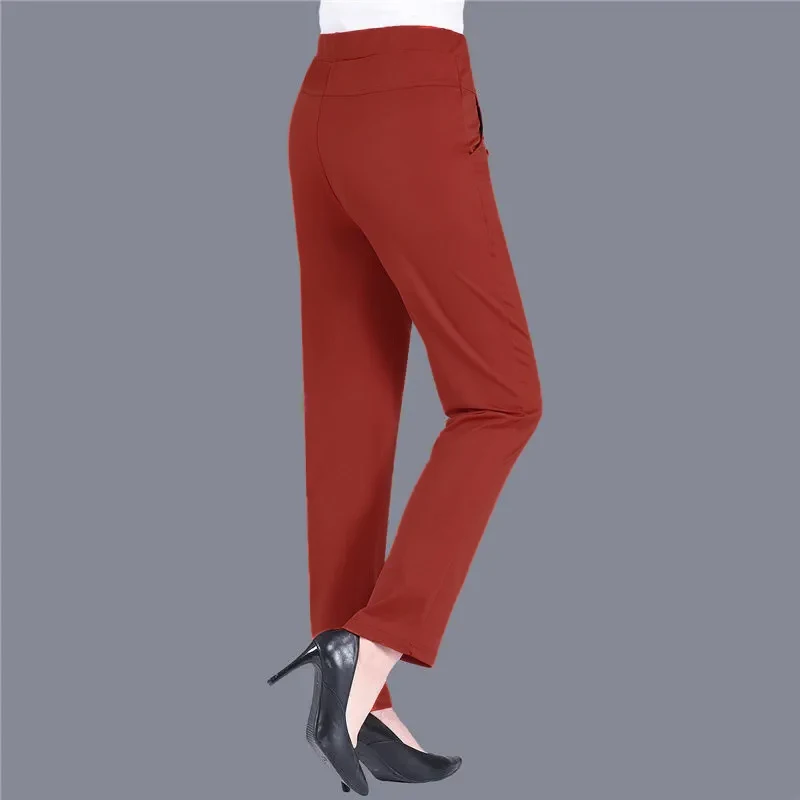 Plus Size Casual Women Elastic Basics Pencil Pants Straight Trousers OL Candy Colors High Waist Ankle-Length Pants Middle-aged