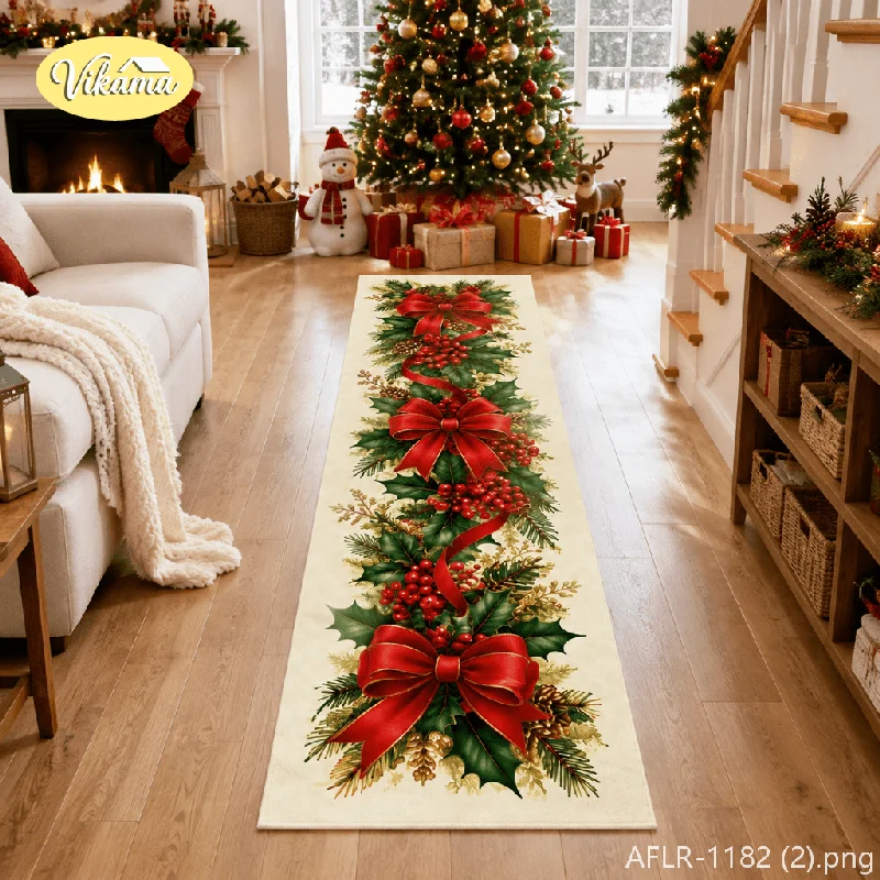 VIKAMA Christmas Sleigh Bell Rustic Kitchen Runner Anti Slip Washable Floor Mat for Hallway Kitchen Holiday Home Decor