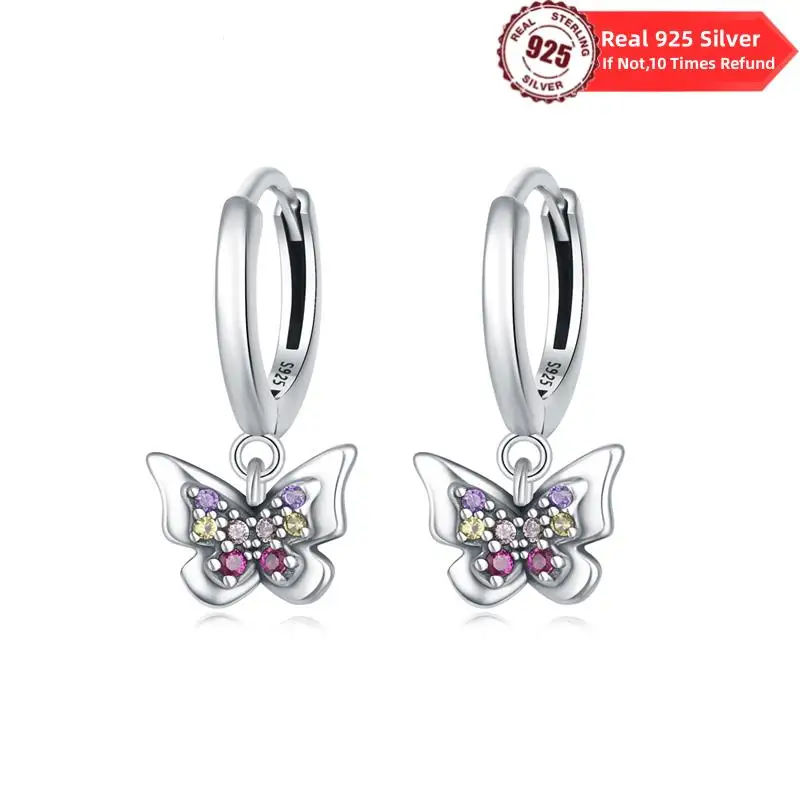 Real 100% 925 Sterling Silver Jewelry Gifts Colorful Butterfly Women Earring Natural Precious Charm Zircon Plated Eardrop