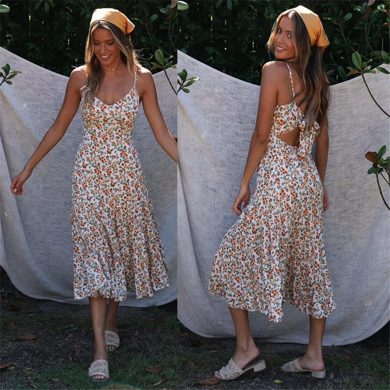 

#2025 Spring/Summer New Floral Printed Sweet Back Strap Dress 186