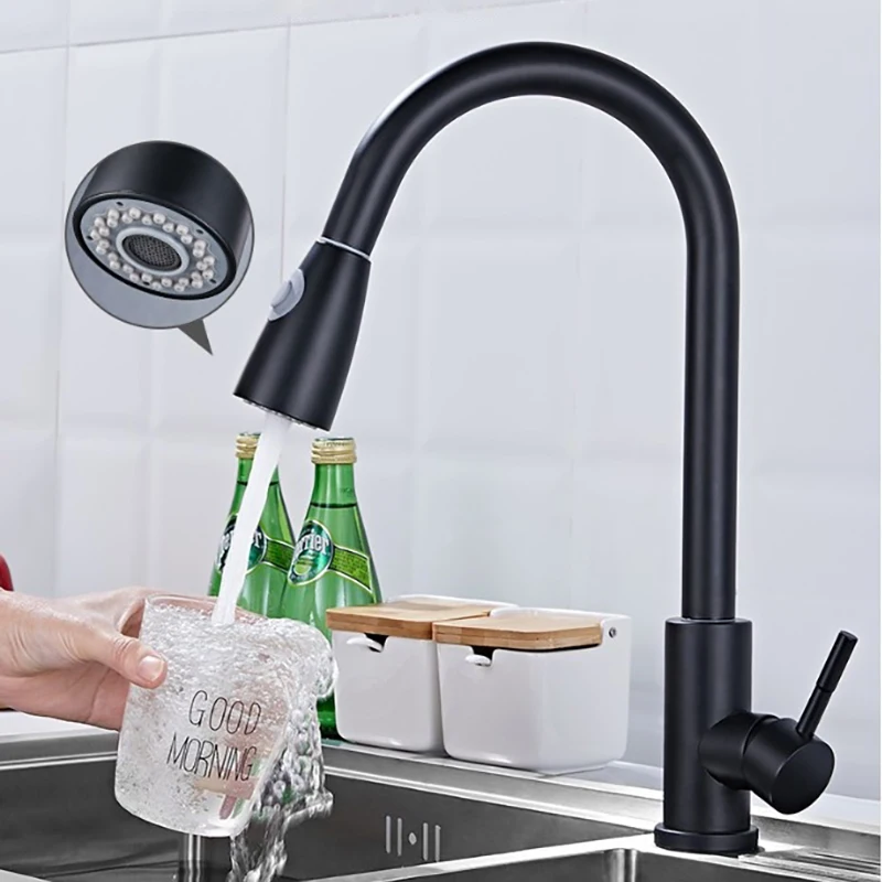 GEGVE 304 Stainless Steel Pull Out Spout Kitchen Faucet Rotatable Faucets Black Mixer Hot and Cold Water Taps Sprayer Brushed