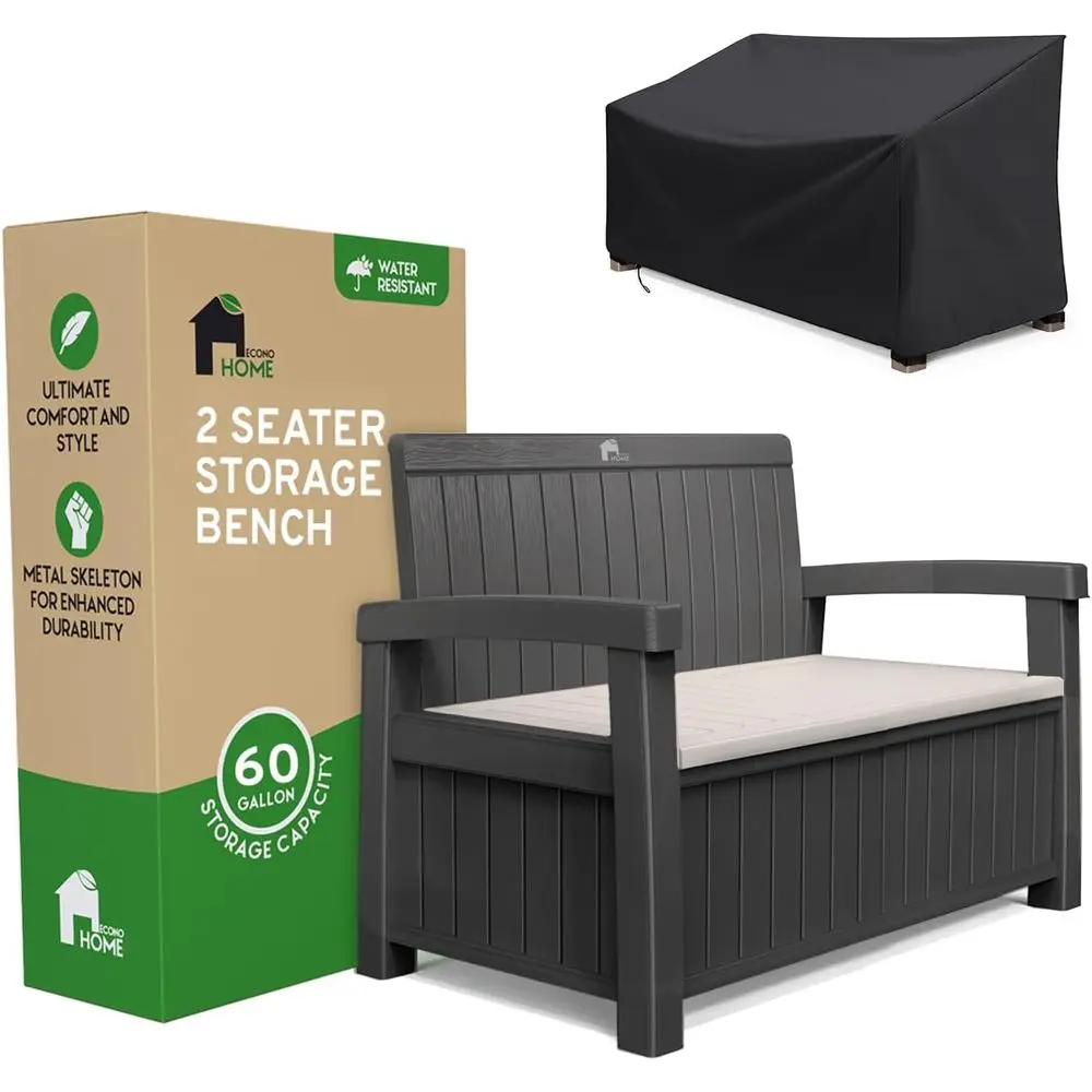 

60 Gallon Weatherproof Outdoor Storage Bench with Rain Cover for Patio, Garden, and Pool Area