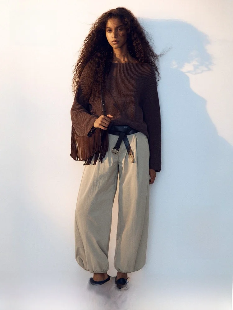 

H&M Women's Summer 2026 Airy Casual Trousers Nylon Cuffed Long Pants Comfortable Fit Natural Waist Lantern Pants Style