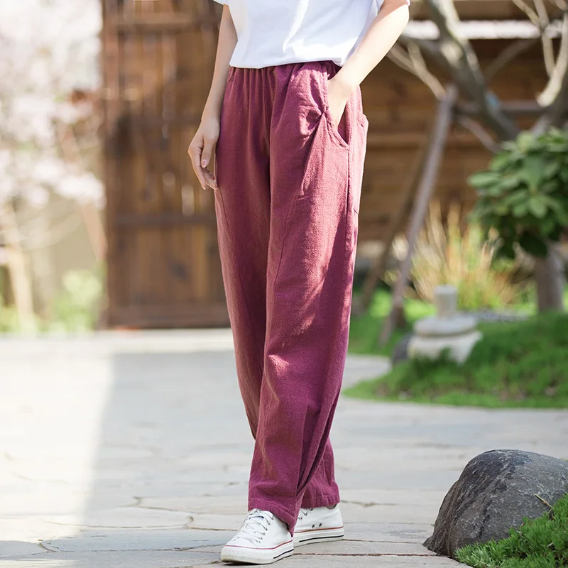 Winter women's fleece-lined ramie harem pants. Stone-washed, spliced design, vintage style, slimming and versatile.