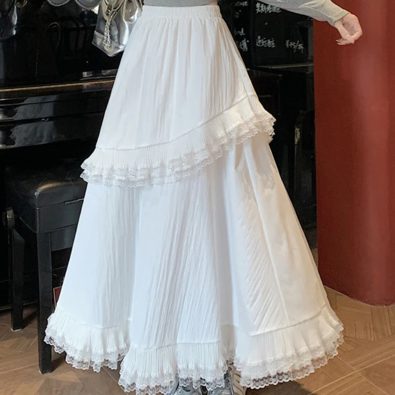 Lace Cake Spliced skirt with High Waist Drooping New Style Slim Lotus Leaf Letter Large Elastic Long Skirt
