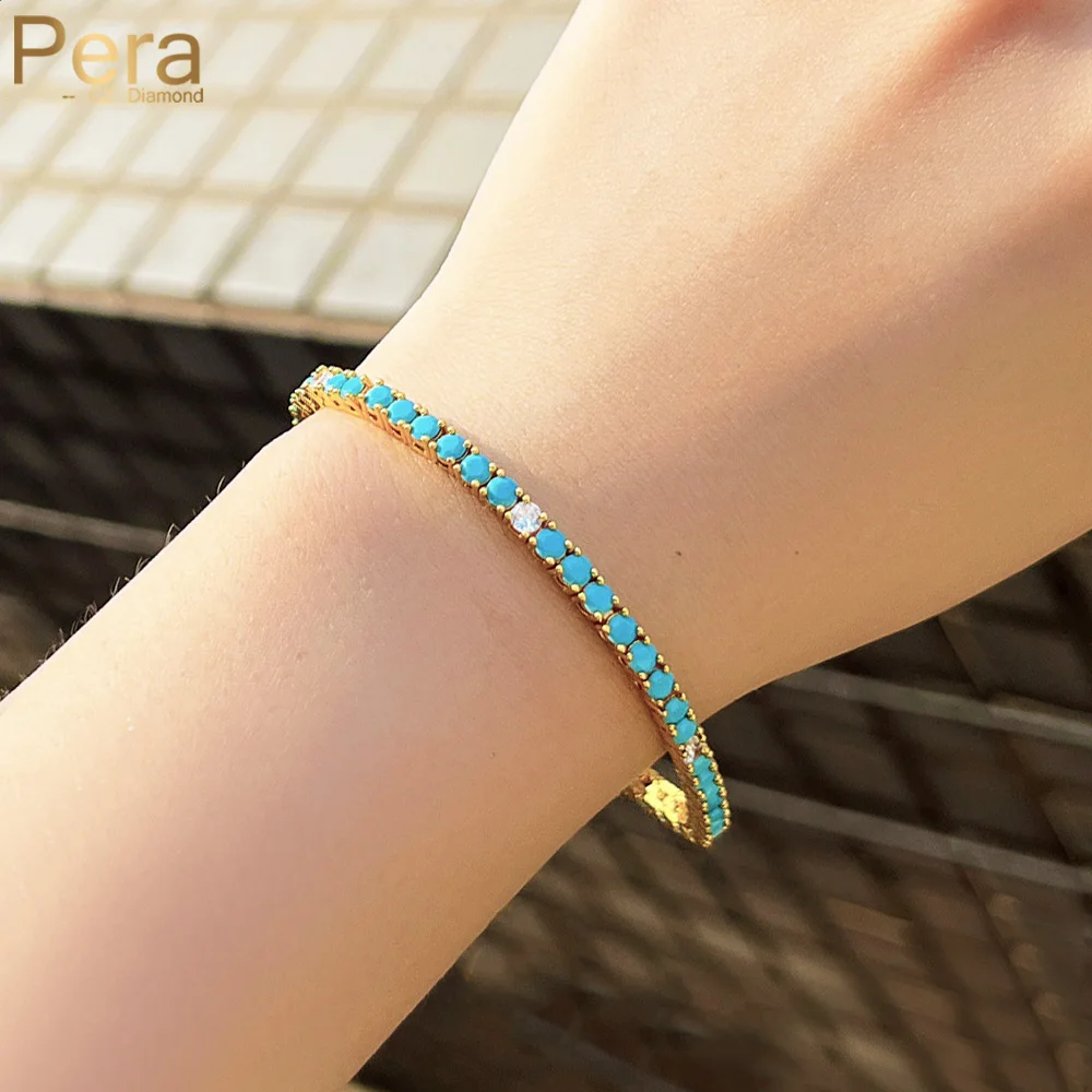 Pera Chic Gold Color Turquoises LIght Blue CZ Stone Tennis Chain Link Thin Bracelets for Ladies Birthday Jewelry Party Gift B250