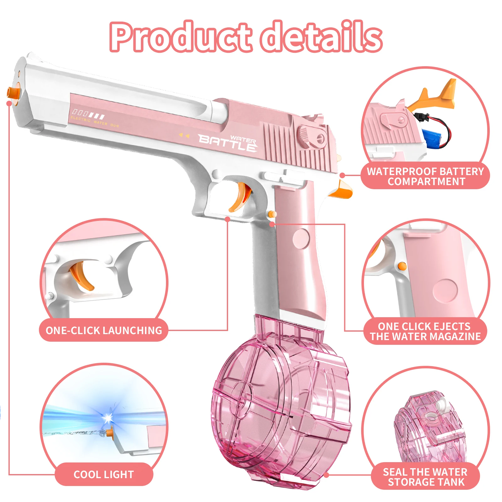 2024 New Desert Eagle Water Gun Lighted Bullet Drum Version Desert Eagle Continuous Pink Water Gun Toys Beach Water Fight Toys