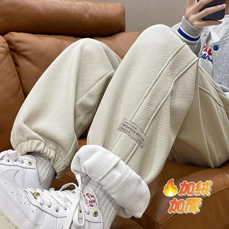 

Мужские повседневные брюки на флисовой подкладке, теплые, свободного кроя, зимние, для отдыха, модные, брендовые, плотные, с манжетами