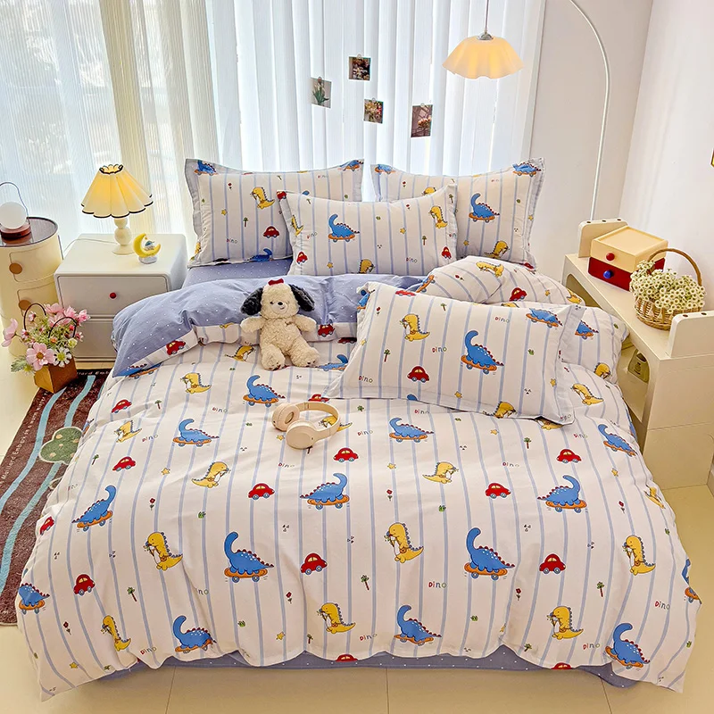 Kids Dinosaur Duvet Cover Set Twin,3 Piece Cotton Dino Car Cartoon Bedding Set for Boys Girls Toddler Reversible Comforter Cover