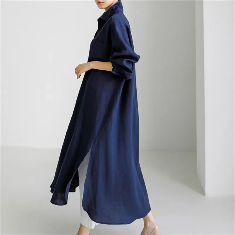 Women's Spring/autumn New Fashion Loose Shirt Dress Over The Knee Long Outside with Cotton Linen Shirt Solid Color Split Dress