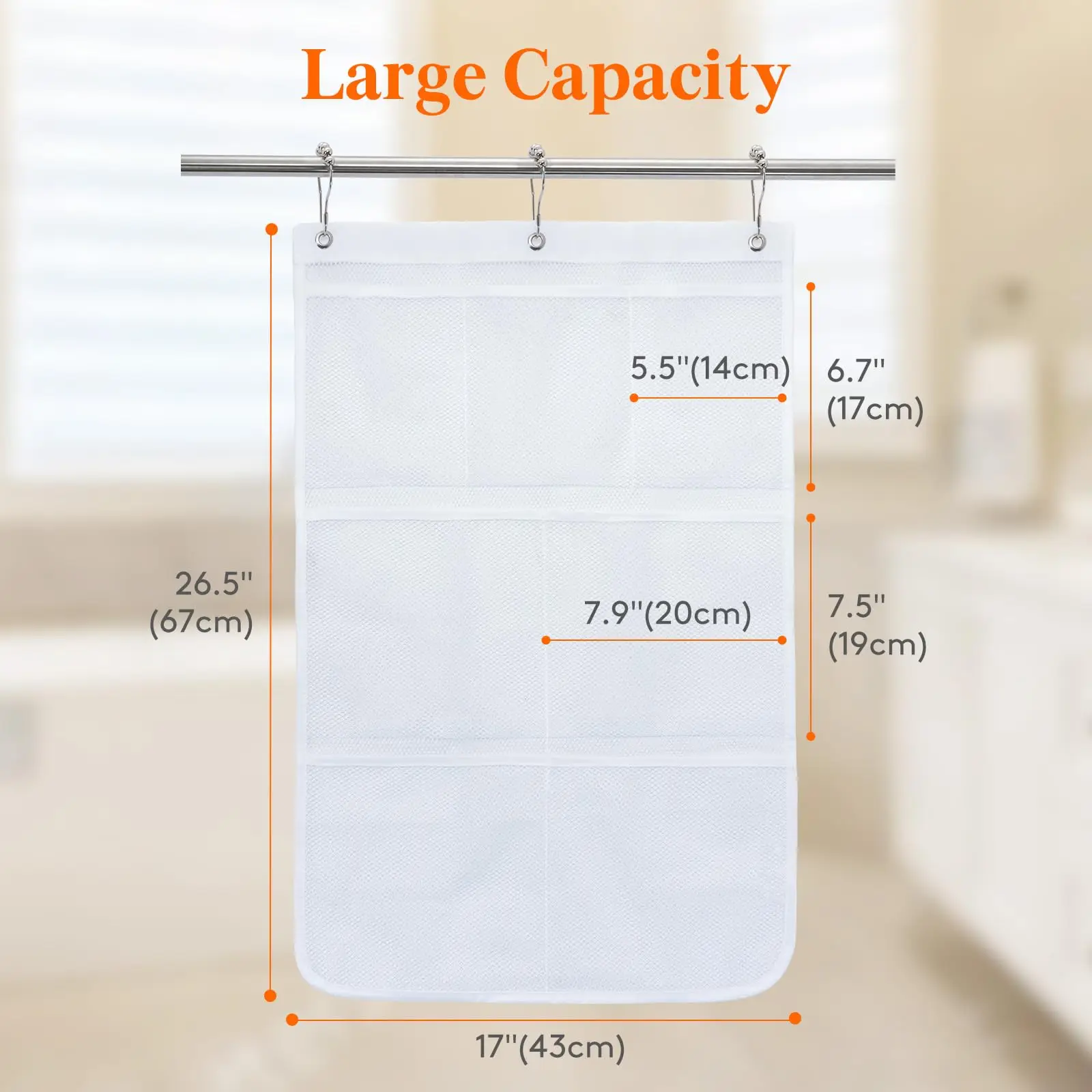 Mesh Shower Organizer Hanging Shower Curtain Liner Pockets Hanging Shower Organizer Bathroom Organizer with Shower Curtain Hooks