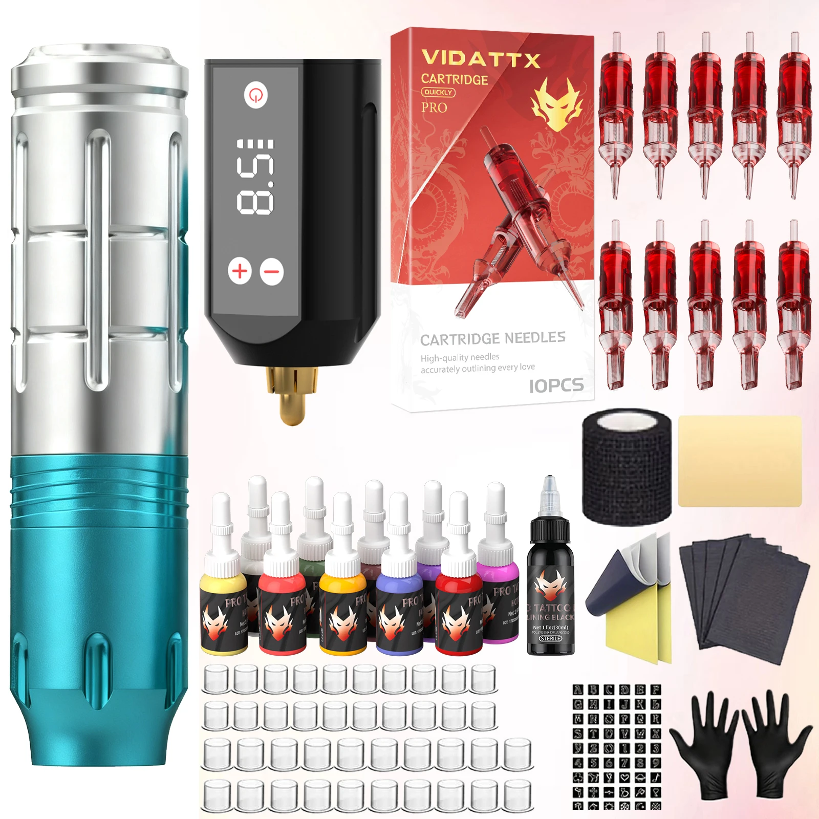 Tattoo Kit TRO Legering Tattoo Pen Kit voor permanente make-up Tattoo Machine Kit Nieuwe blauwe draadloze tattoo-voeding Tattoo Gun Kit