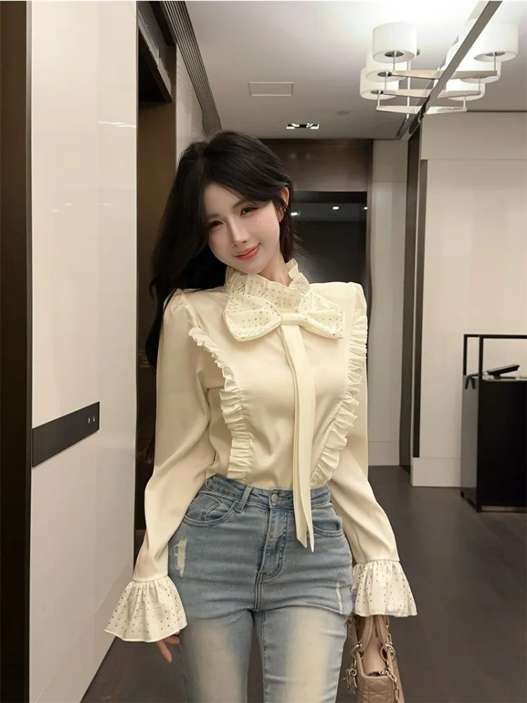 

Shirts Women 2025 Spring Diamonds Bow Stand Collar Flared Sleeve Chic Crop Top Elegant Solid Slim Ruffled Design Blouse