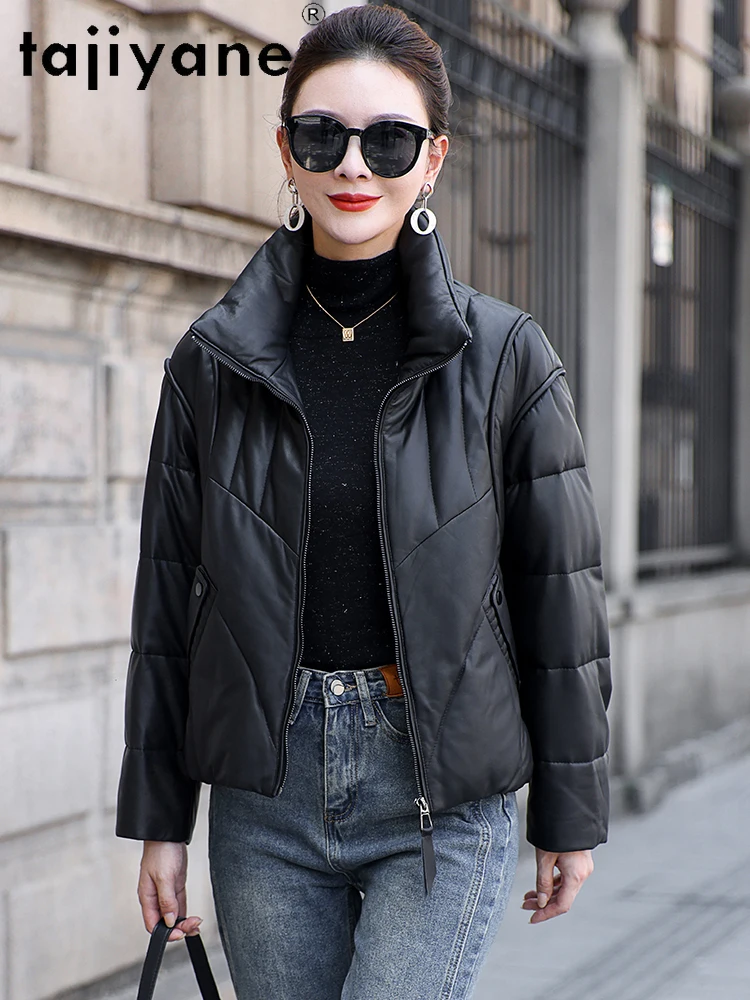 معطف جلد الغنم الحقيقي من TAJIYANE معاطف نسائية قصيرة من ريش الإوز سترة سميكة من الجلد الطبيعي 2025 ملابس نسائية شتوية