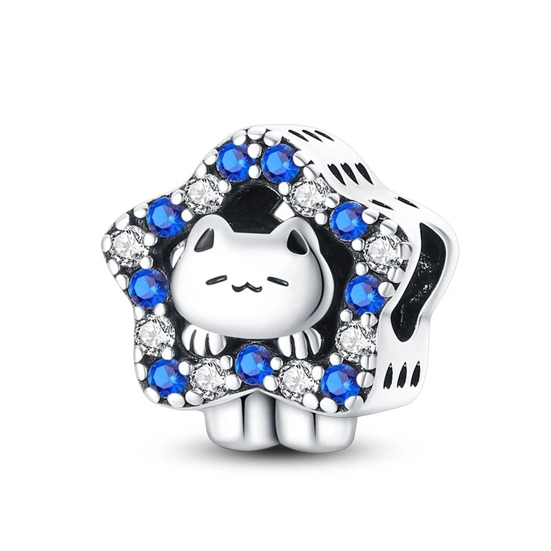 Cuentas originales de Plata de Ley 925 con forma de estrella, sol, gato, Luna, plumas, para pulsera Pandora DIY, regalo de joyería para mujer