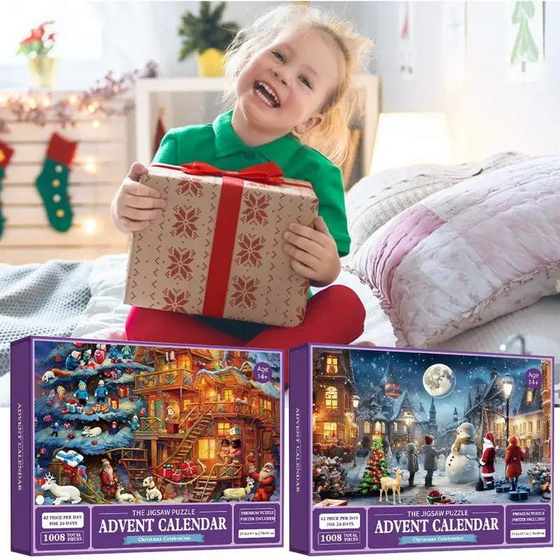 Christmas 2023 Advent Calendar 1008 Pieces Jigsaw Puzzles with 24 gift boxes Christmas Jigsaw Puzzle for Home Party Decoration