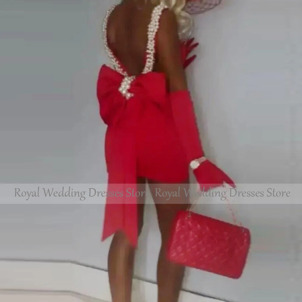 Red Cocktail Dress Mini Pearls V Neck Backless Big Bow Sheath Cocktail Gowns for Women image 3