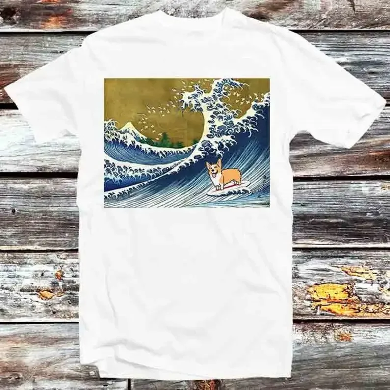 

The Great Wave Off Kanagawa Surfing Corgi Dog T Shirt Vintage Retro Cool Gift Mens Womens Unisex Cartoon Anime Top Tee B438