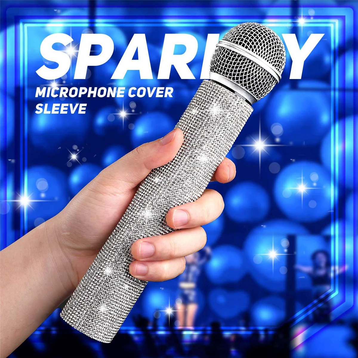 Mic Handle Cover,Sparkly Bling Rhinestones Mic Handle Sleeve for Party&TV Show,for Most Wireless Microphones, Silver