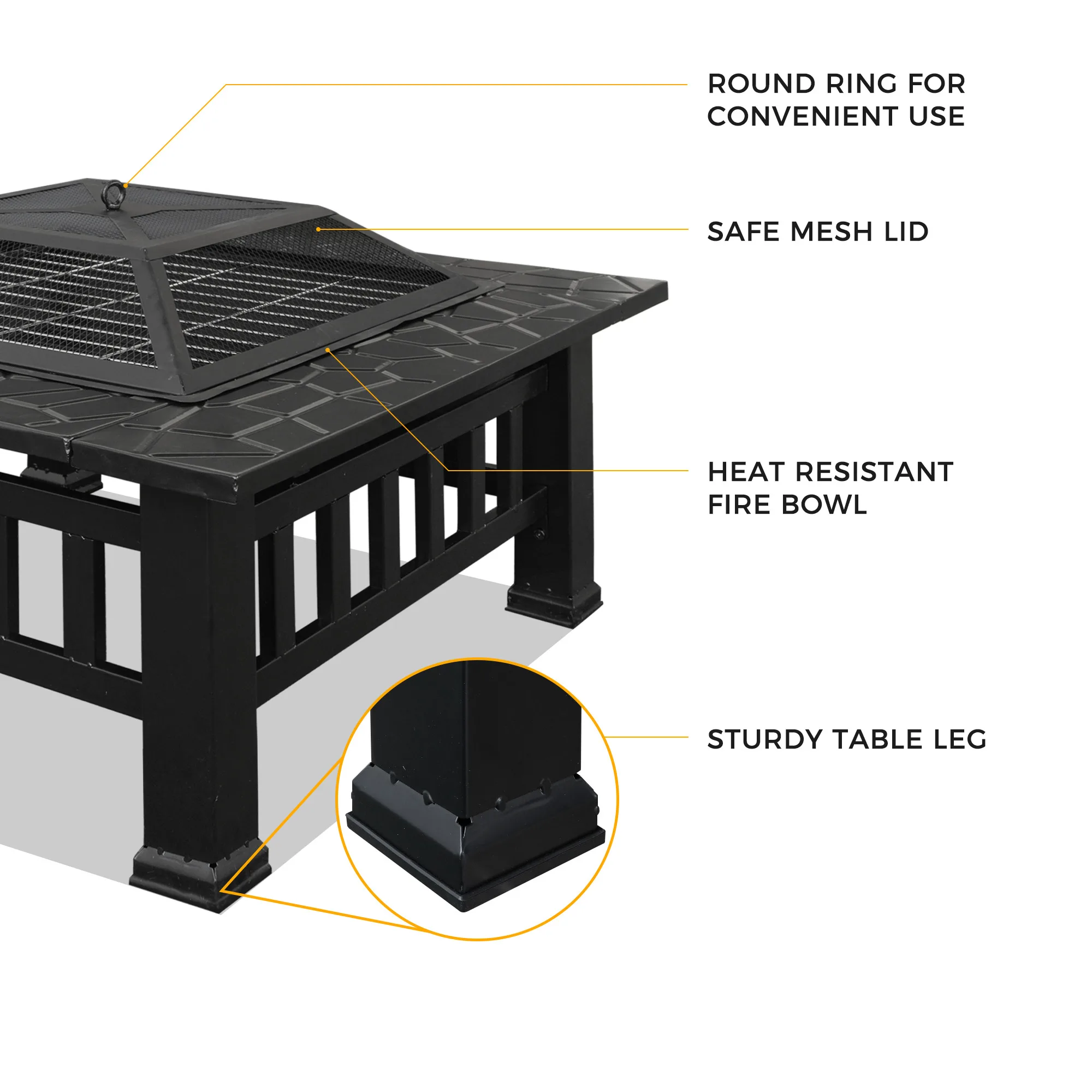 Multifunctional Fire Pit Table 32in 3 in 1 Metal Square Patio Firepit Table BBQ Garden Stove with Spark Screen, Cover, Log Grate