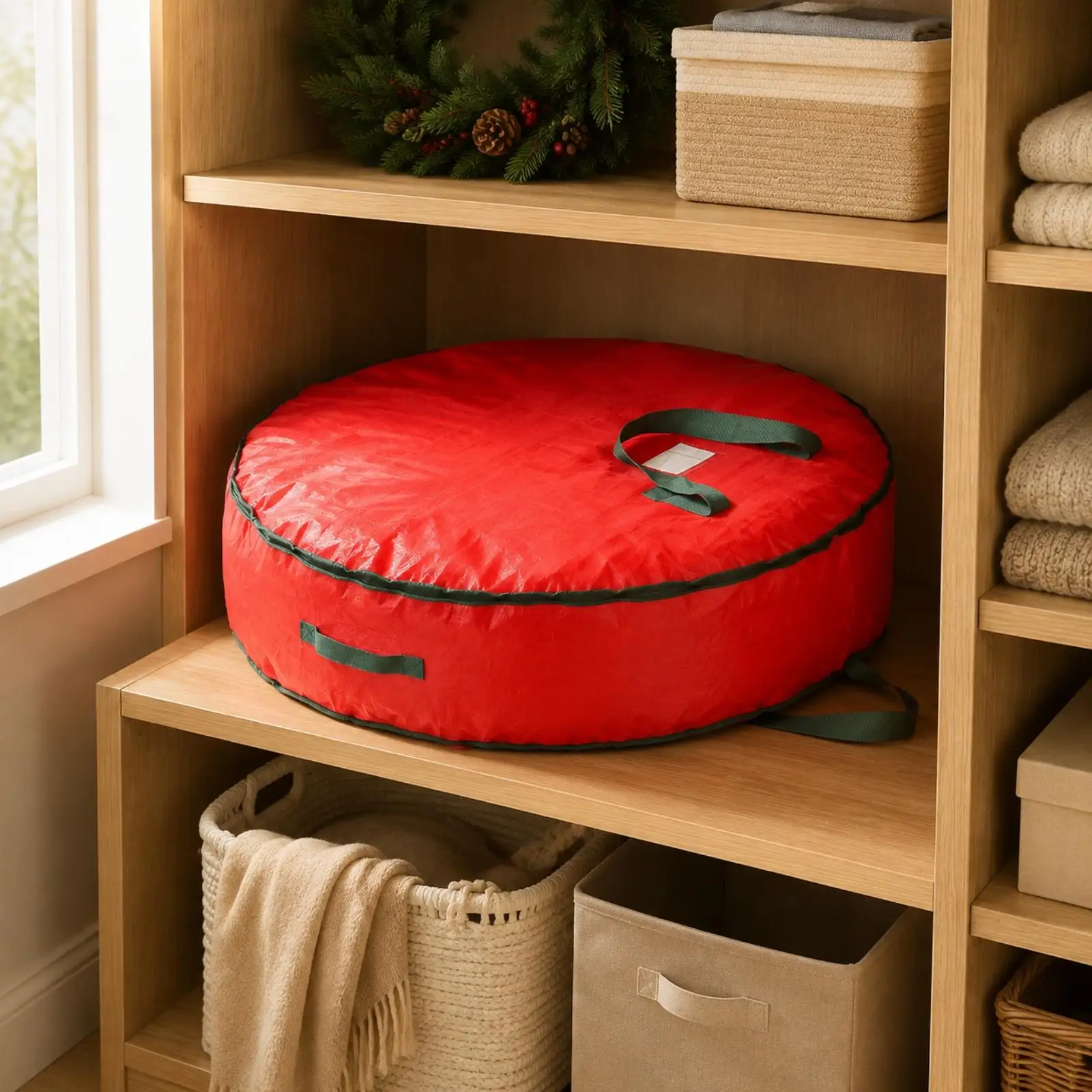 Brick-Red Spherical Storage Bag with Zipper Dust-Guard Wreath Storage Bag with Edge Binding Moisture-Resistant