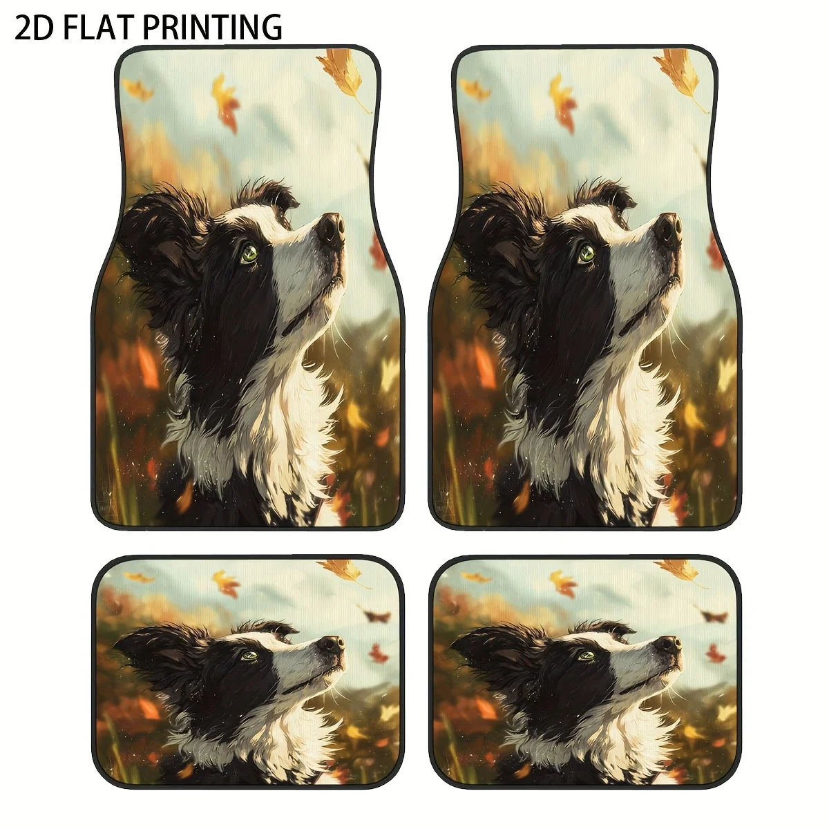 

4pcs Yellow Jing Shenqi Black And White Dog Pattern Printed Car Mats, Universal Material All-Season Weatherproof Vehicle Interio