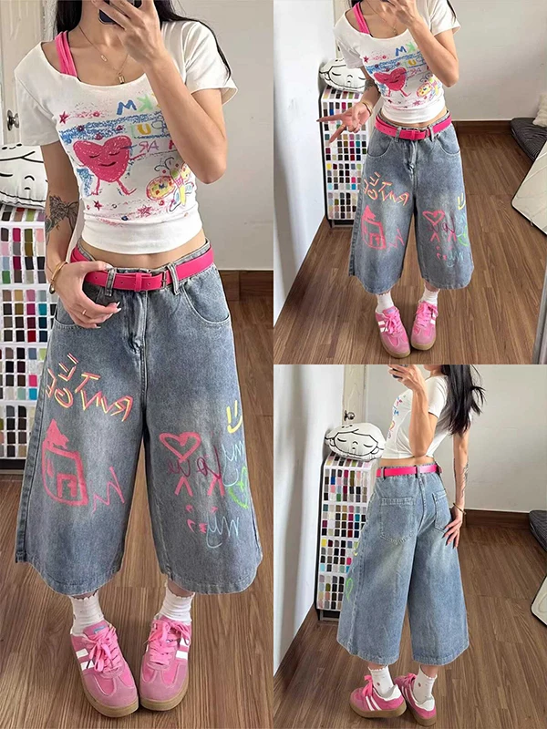 Loose Straight Leg Graffiti Denim Jeans Women's Summer 7/8 Length Trousers Casual High Waist Wide Leg Pants Street Style