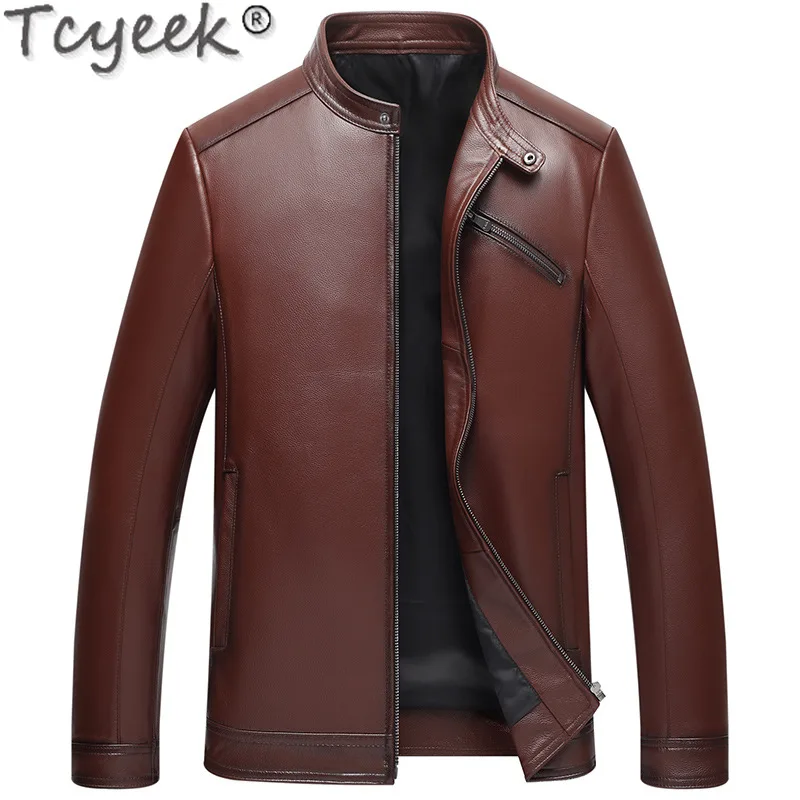 

Tcyeek Fall Spring Genuine Leather Jacket Men's First Layer Cowhide 2022 New Motorcycle Short Casual Business Thin Leather Coat