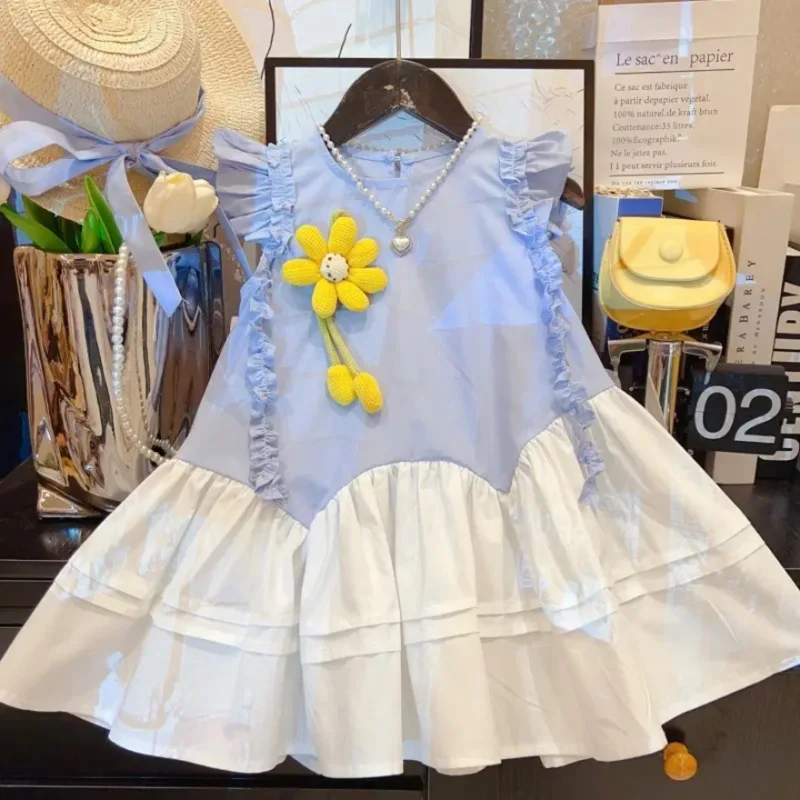 

Summer New Sleeveless Floral Ruffle Trim Contrast Color Dress for Girls, Pure Cotton Princess Dress with Lotus Leaf Hem