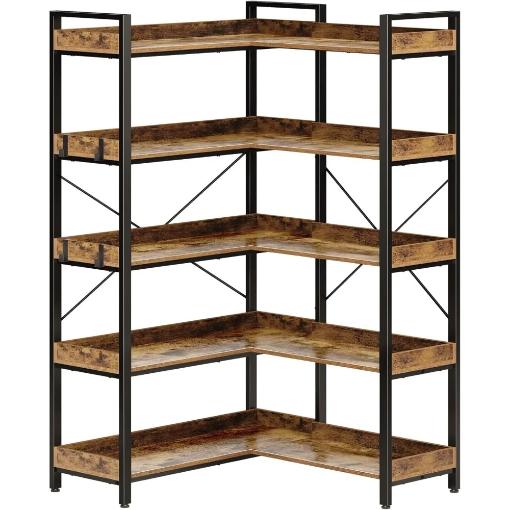 

Bookshelf 5 Tier With 4 Hooks, Reversible Corner Bookshelf, 65" Industrial Wooden Bookcase With Open Shelves And Metal Frame Fo