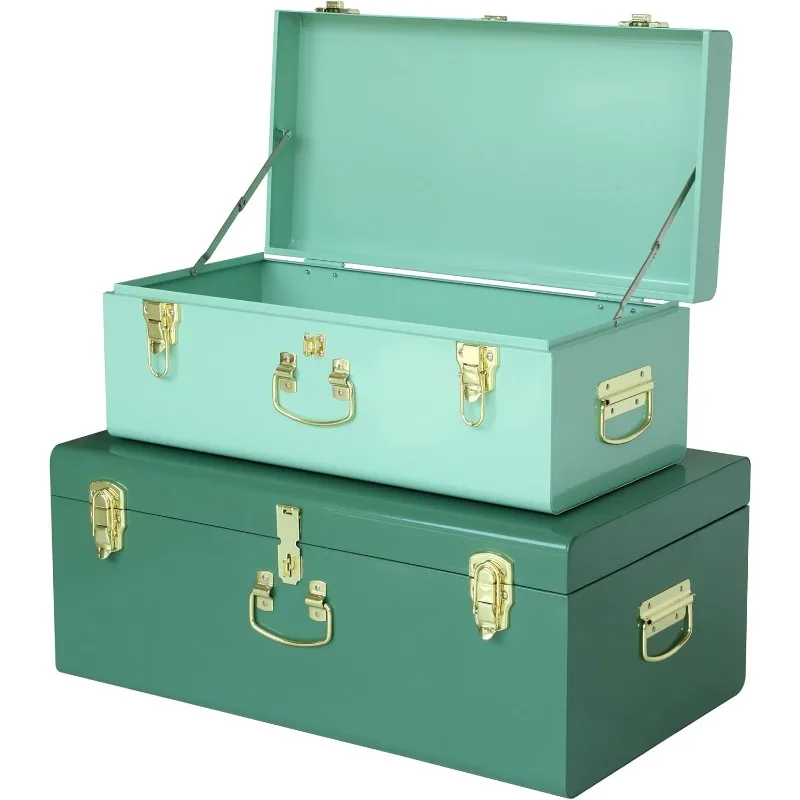 Decorative Large Metal Box Storage Trunk Chest Set of 2 College Dorm Organizer with Hardware Hasps and Handle for Home Deocr